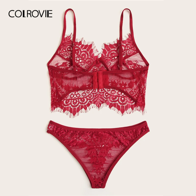 Женский кружевной комплект нижнего белья COLROVIE черный с прозрачным красным
