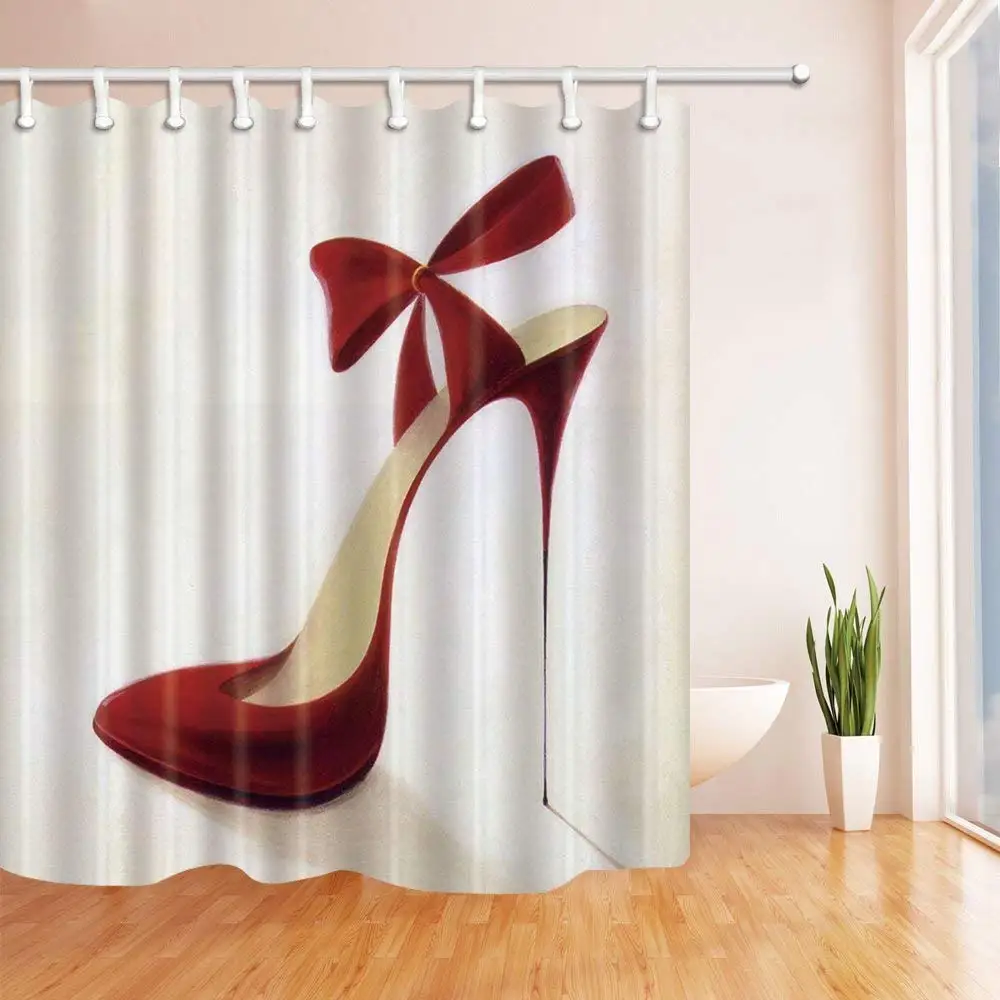 Fashion Woman Decor Red High Heels with Bowknot Shower Curtains