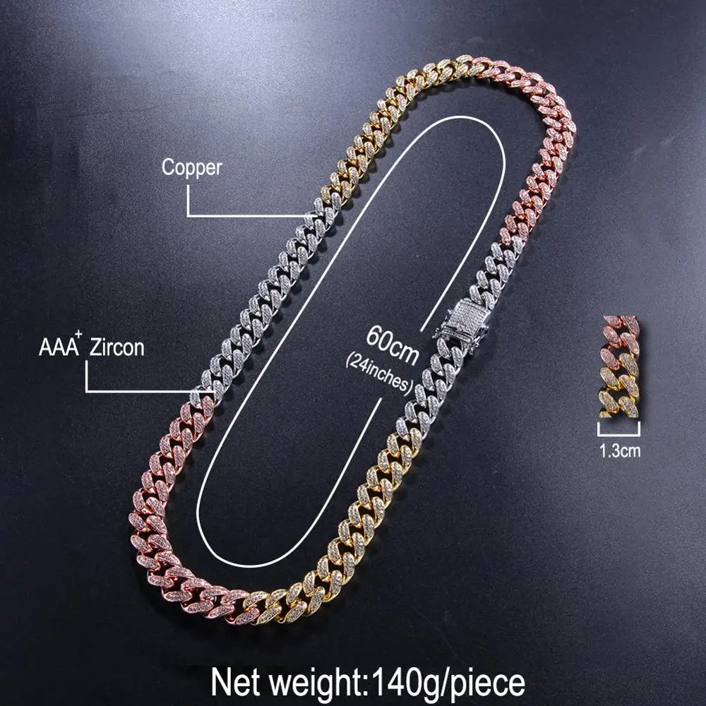13 мм кубический циркон три Цвета Цепочки и ожерелья цвета: золотистый, серебристый премиум класса покрытые Медь с фианитами с креплением микро-паве кубинская цепь 16/18/20/22/24 дюйма