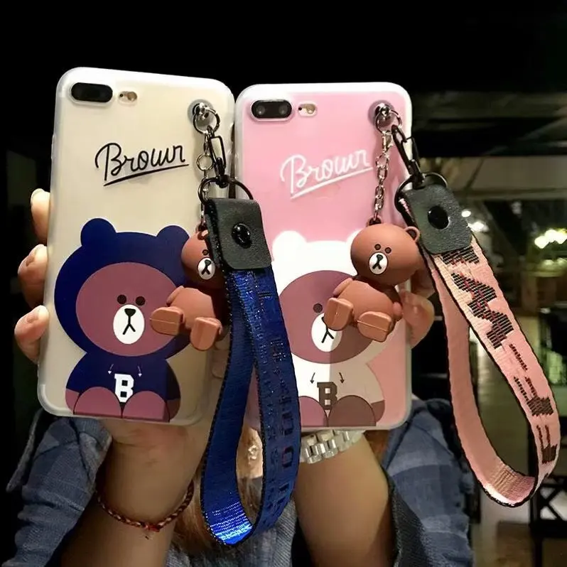 

Fashion Soft TPU Cases For iPhone X 5 5s Se 6 6S 7 8 Plus Cute Brown Bear Matte Case Phone Holder Doll Stand Lanyard Back Cover