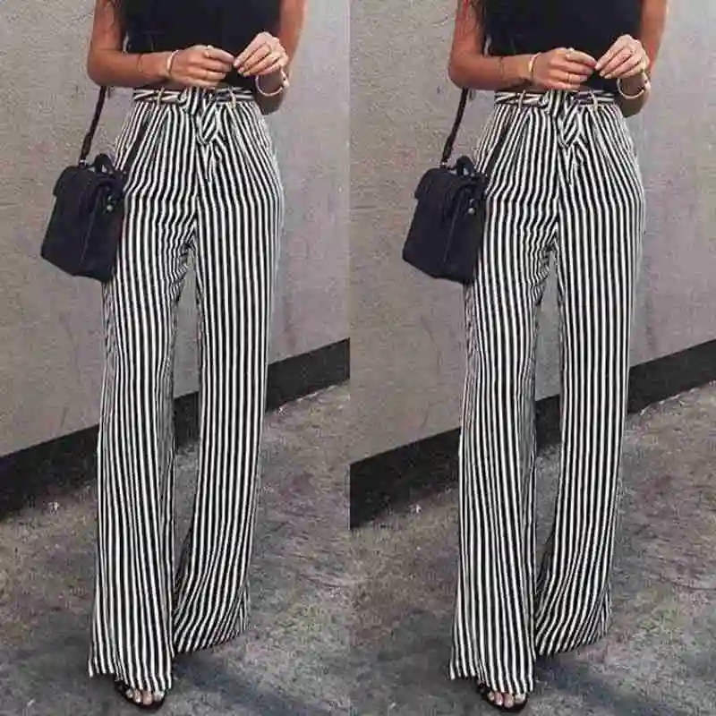 

New Fashion Women Striped Wide Leg High Waist Palazzo Casual Long Pants Loose Trousers