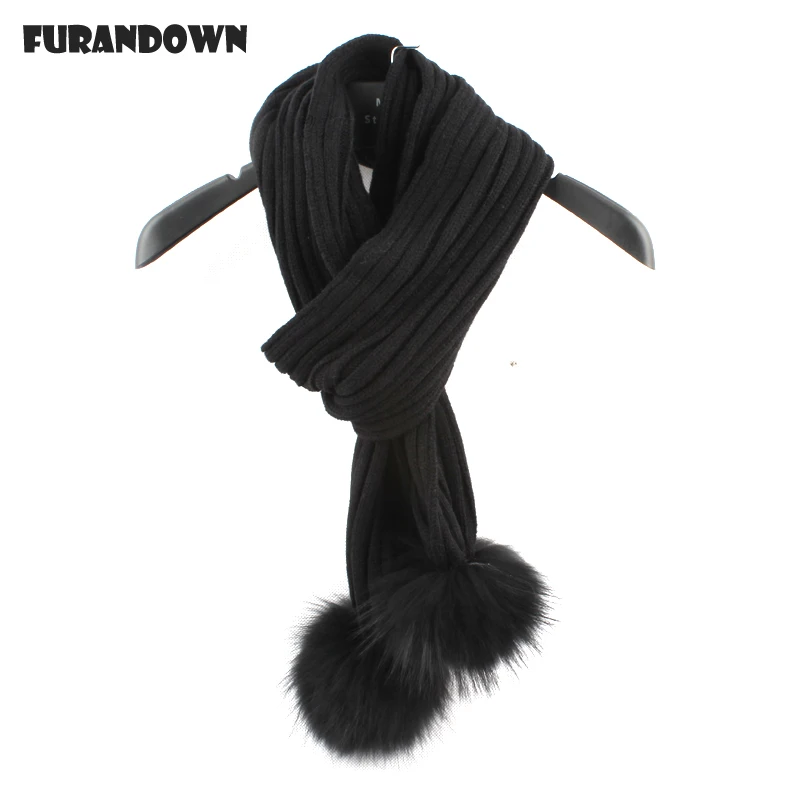 

2018 Real Two Fur Pompom Winter Scarf Women Men Warm Knitted Scarfs For Ladies
