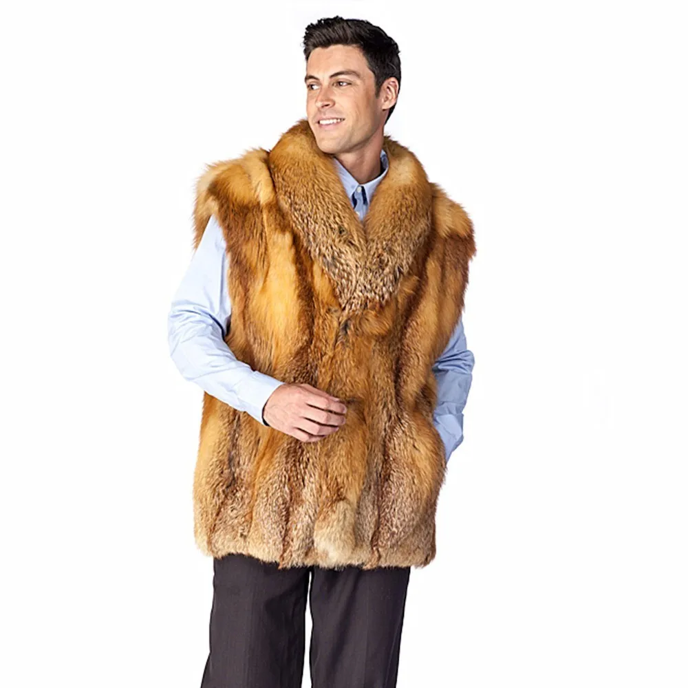 

TOPFUR 2019 Fashion Winter Standard Vest Men Real Fur Vest Men Red Fox Fur Outerwear Vest Sleeveless Kapel Collar Full Pelt Coat