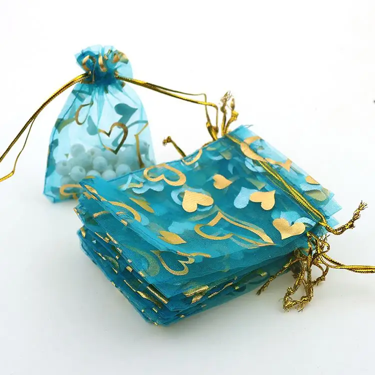 

Heart Lake Blue Bronzing Organza Jewelry Packaging Gift Bags Jewelry Packaging Bags Tulle Bomboniera 7x9cm 100pcs/lot Wholesale