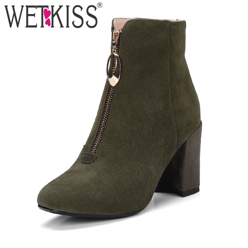 

WETKISS Shoes Women Designers Front Zip Ankle Boots Women's Winter Boots Autumn Genuine Leather Suede Ladies Shoes High Heels