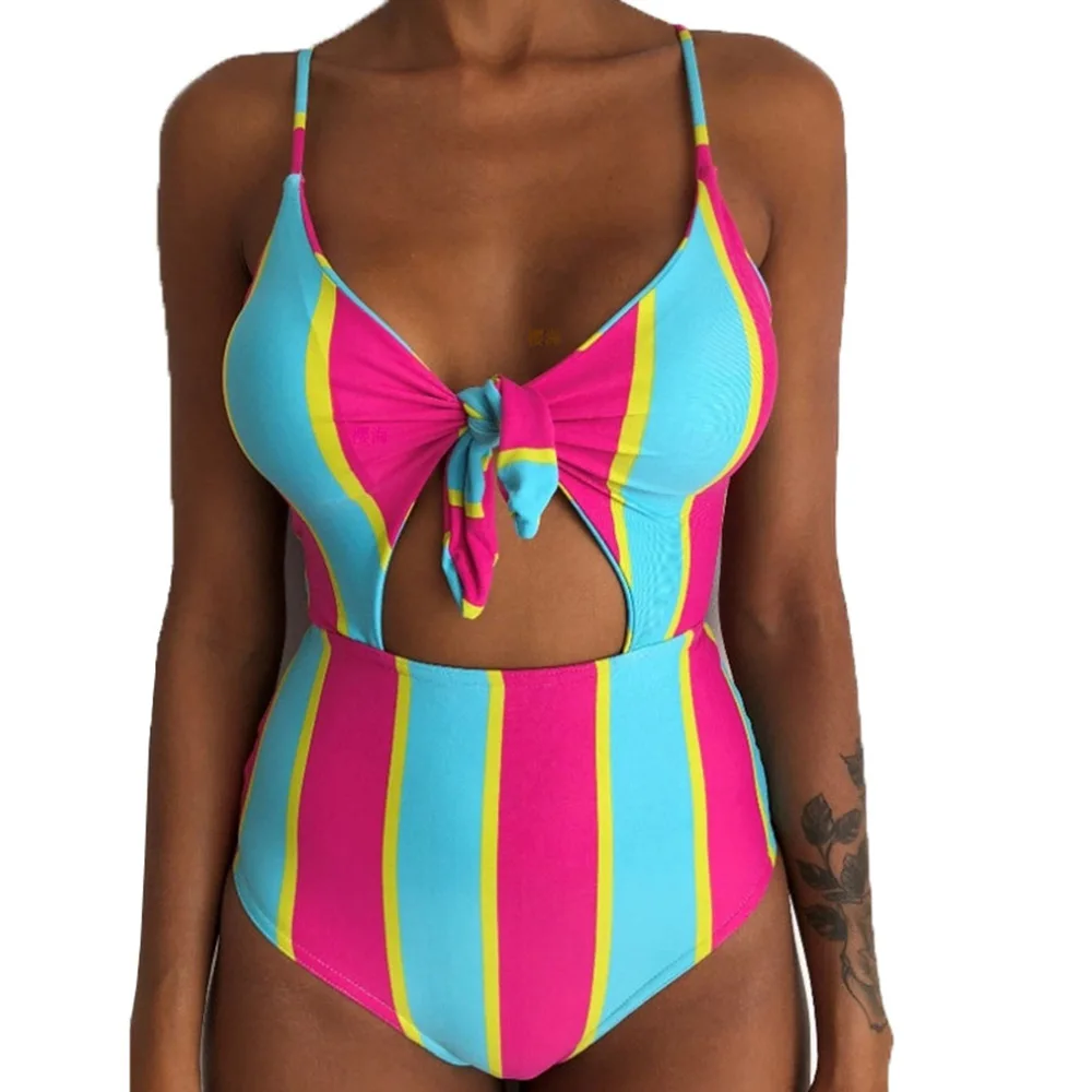 Полые боди, цельный сексуальный купальник, Цветочный купальник, с вырезами, бикини для женщин, пуш-ап, пляжная одежда, монокини с узлом на груди, купальный костюм - Цвет: BYH2076 rainbow