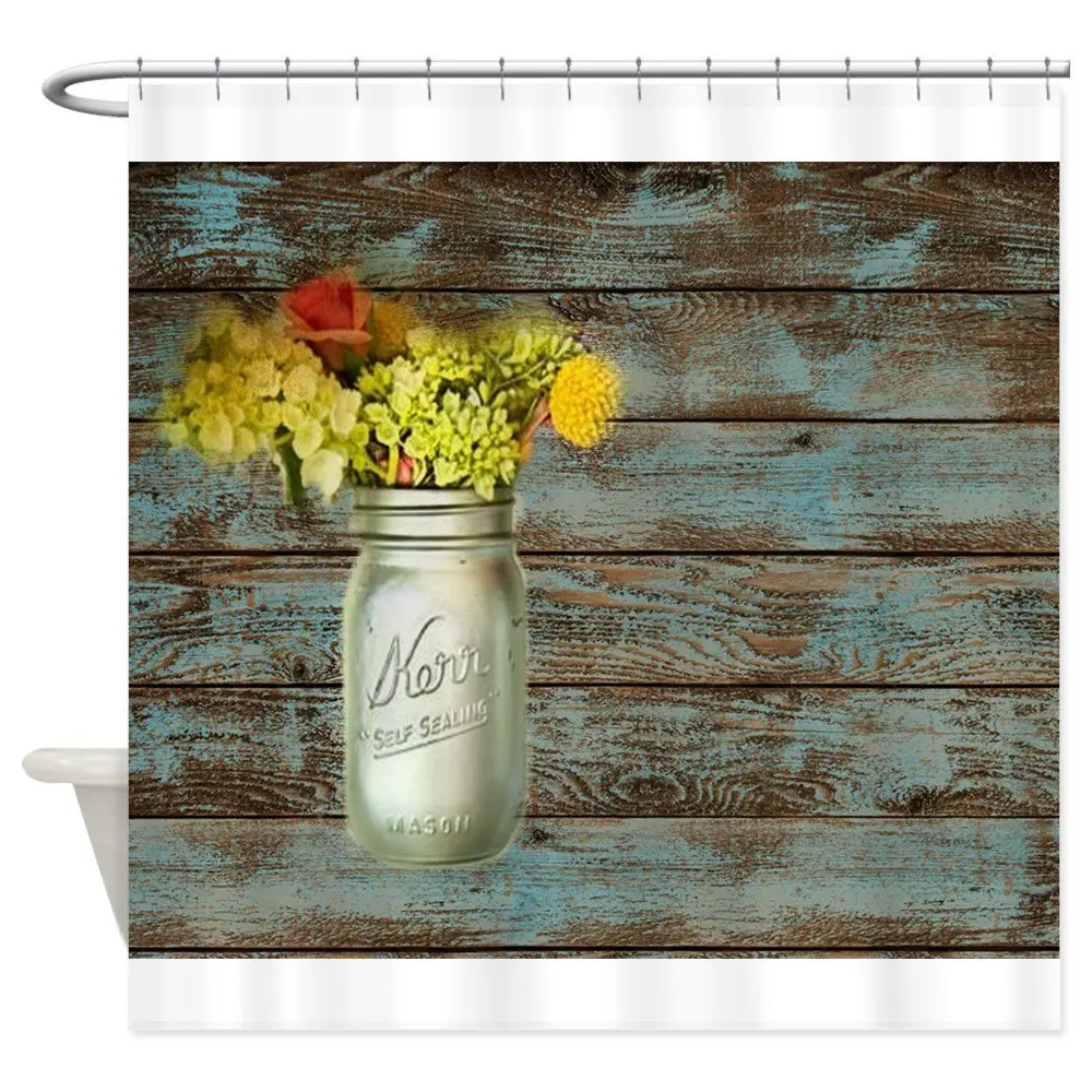 Mason Jar Floral Barn Wood Western Country Shower Decorative Fabric