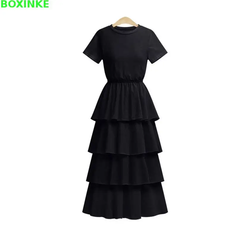 

Ruffles Vadim A-line Solid Big Yards, Fat Sister, Elastic Waist, Lotus Leaf Dress, Short Sleeve, Long Plus Dress L-5xl