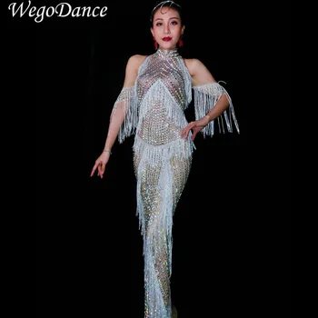 

New Fashion Luxurious Crystals Fringes Long Dress Evening Party Sexy Tassels Stretch Dress Prom Birthday Celebrate Stones Dress