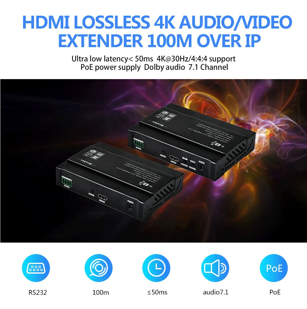 Mirabox HDMI по ip удлинитель POE поддержка 4K 30 Гц с низкой задержкой, dolby audio 7,1 channal, ИК-контроль, RS232 до 100 м удлинитель