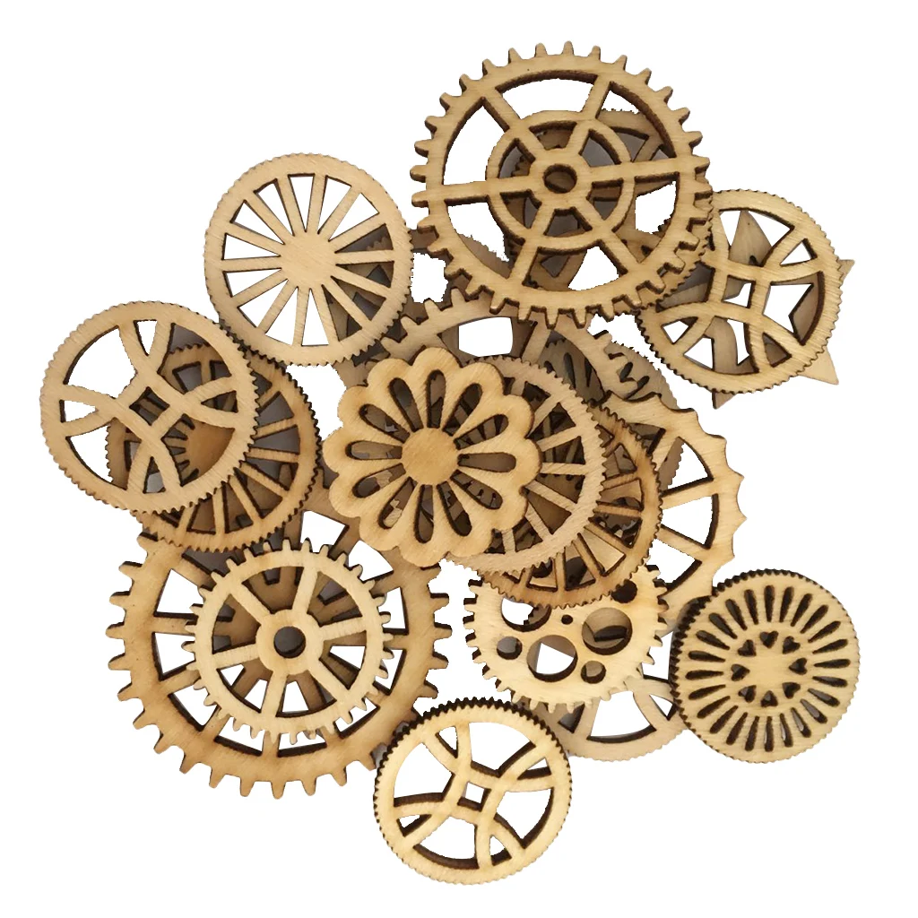 50pcs Unfinished Wood Hollow Gear Tags Cutout Wooden Pieces Embellishments