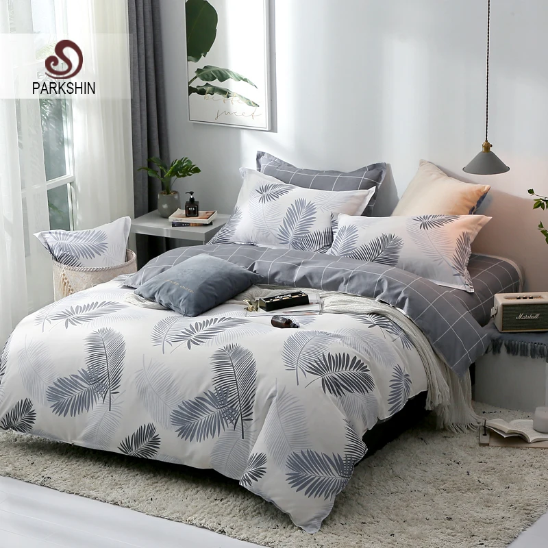 

ParkShin Nordic Leaf Pattern Duvet Cover Gray Flat Sheet Double Queen King Bedspread 3/4PCS Bedclothes Euro Decor Home Textiles