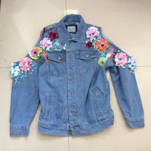 Бренд Tide, сексуальная Осенняя джинсовая куртка с открытыми плечами, пальто, стерео, ручная работа, цветы, бисер, свободная джинсовая куртка для женщин