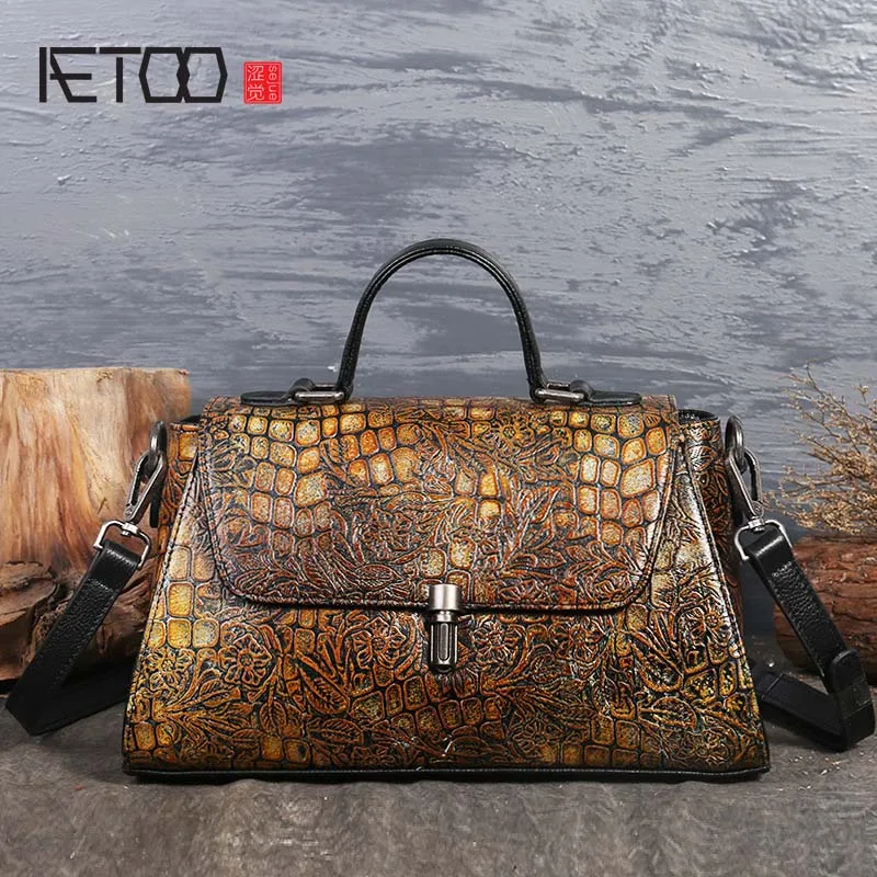 

AETOO Original 2018 new top layer leather handbags crocodile pattern retro portable big bag slung shoulder bag