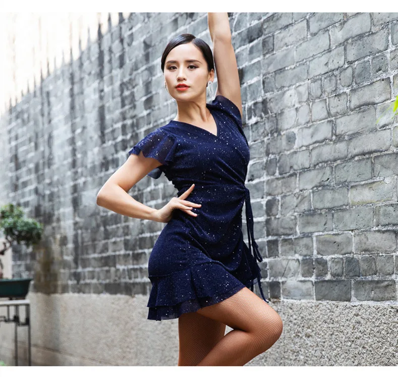 Новое поступление дешевые женские латинские танцевальные платья Корея Серебряная сетка латинский танцевальный костюм для тренировок для взрослых представление юбка темно-синий 2XL