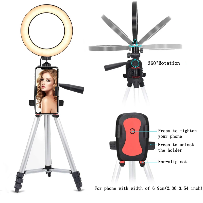 

Photography Shooting Phone Selfie Live Video Stand Tripod 4 Sections Photo Studio Holder Clip 14.5cm LED Beauty Ring Light Lamp