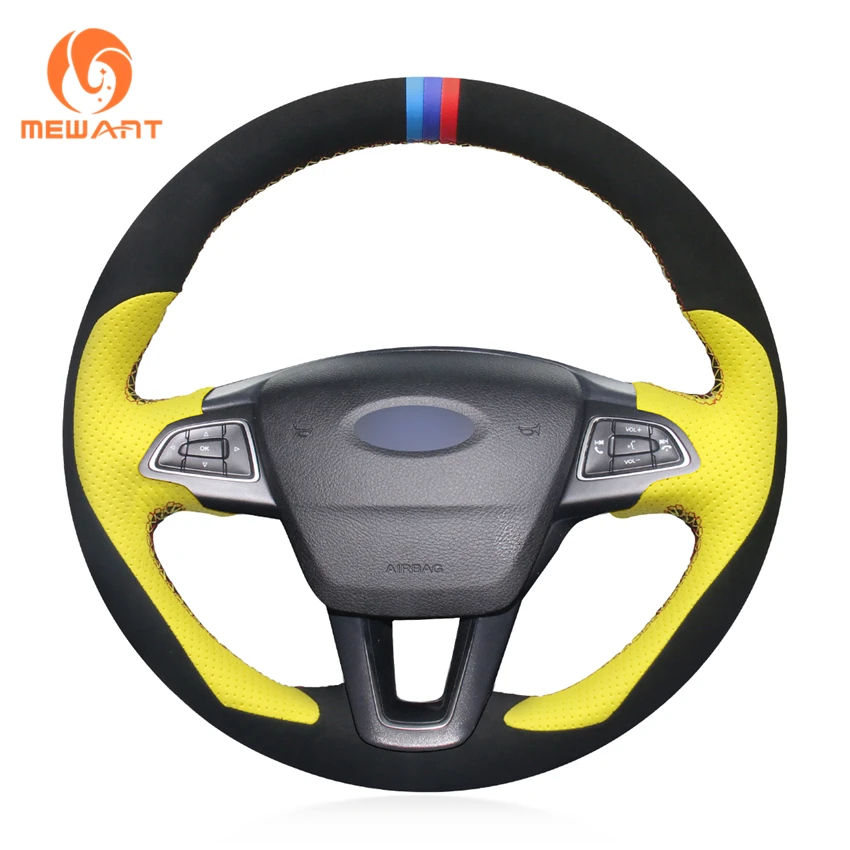 MEWANT Yellow Leather Black Suede Steering Wheel Cover for Ford Focus 3 2015-2018 Kuga 2016-2018 Escape 2017 2018 C-MAX 2015