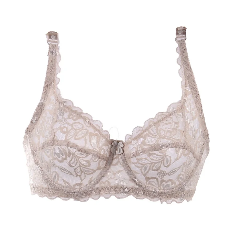  Sexy Fashion Underwear 3/4 Cup Minimizer Non Padded Underwire Bras Tow Hook-and-eye Lace Sheer Bra 