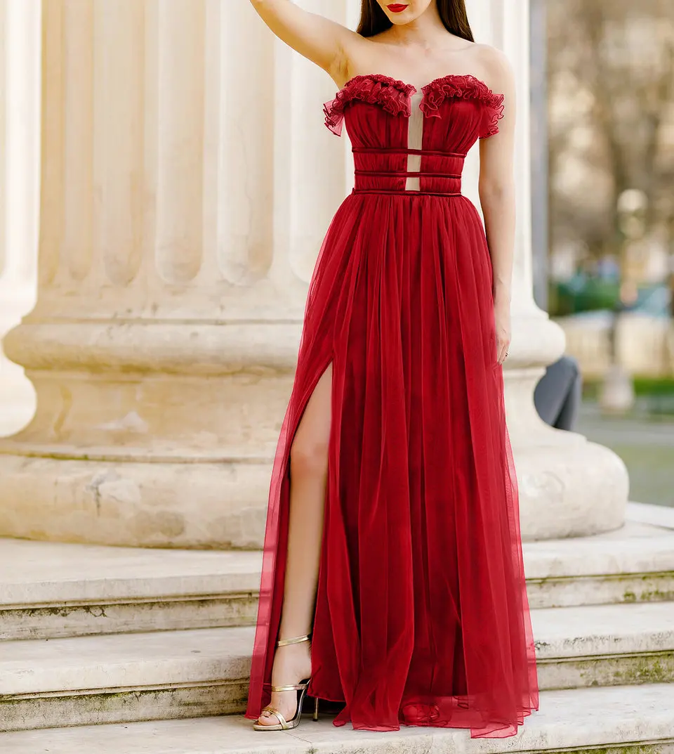 Модные красные вечерние платья Длинные Вечеринка платье Для женщин элегантное Тюлевое молнии KAARIKAARIE обтягивающий официальный платье для выпускного вечера - Цвет: Красный