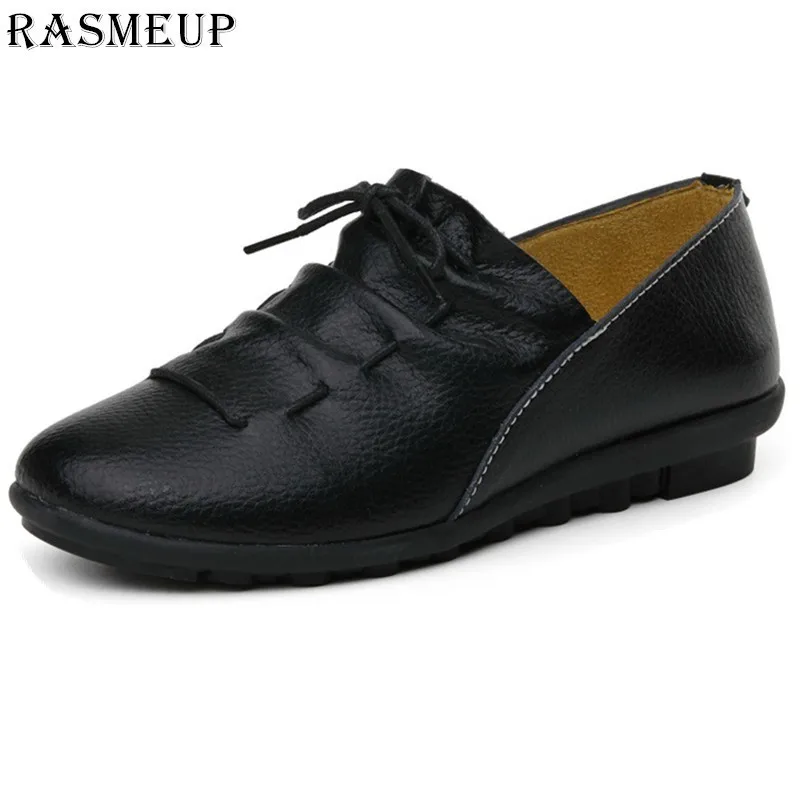 

RASMEUP Genuine Leather Women's Flat Shoes Soft Comfortable Sneakers Mother Loafers Female Moccasins Woman Flats Big Size 9 10