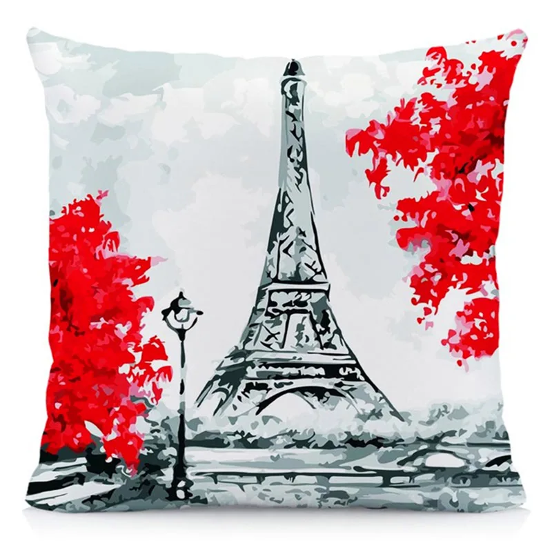 Eiffel Pillow Cover Tower  Red Square Cotton Linen Pillowcase  Cojines 