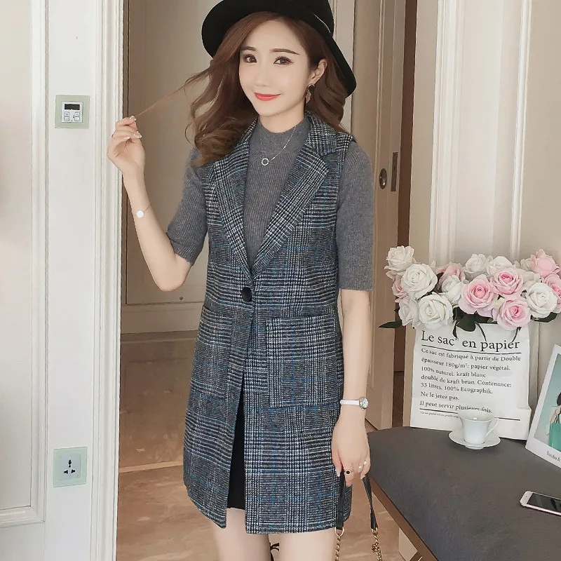 

Hiawatha Long Vest Suit Korean 2018 New Autumn Plaid Sleeveless Blazer Women Fashion Single Button Jacket Pocket BL023