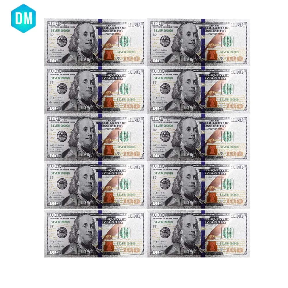 

10pcs/lot for New Products Colored America Banknotes 100 Dollars Gold Banknote In 24k Silver Plated As Bill Currency Gifts