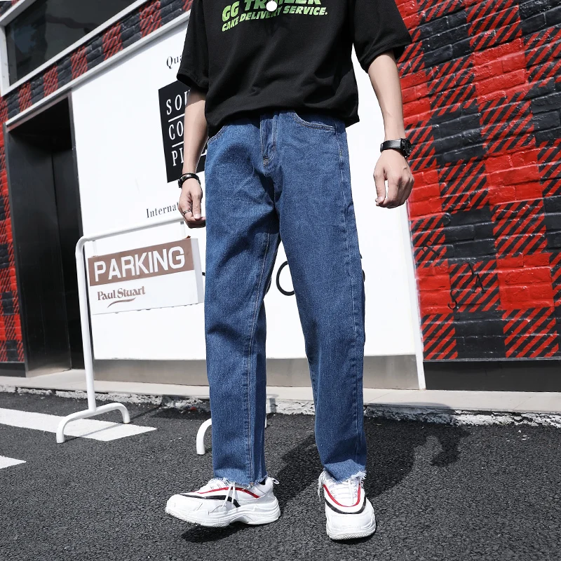 

2019 Autumn New Loose Large Code Penetration Nine Points Pants Pure Color Straight-tube Jeans Men Street Tide Streetwear M-2XL