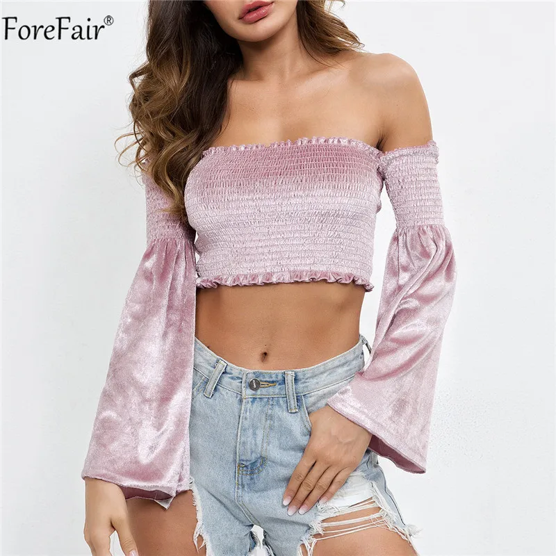 ForeFair/укороченный топ с оборками, женский летний топ с расклешенными рукавами, Уличная Повседневная футболка, женская розовая футболка с