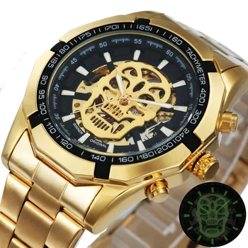 WINNER Official Golden Automatic Watch Men Steel Strap Skeleton Mechanical Skull Watches Top Brand Luxury Dropshipping Wholesale 1