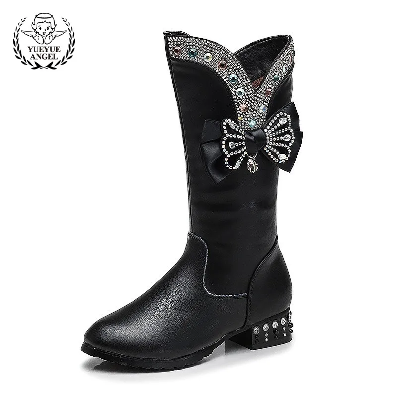 

New Autumn Winter Shoes For Girls Red Bow Crystal High-Heeled Princess Boots Non-Slip Leather Baby Girl Boots 12 Years Old 10T