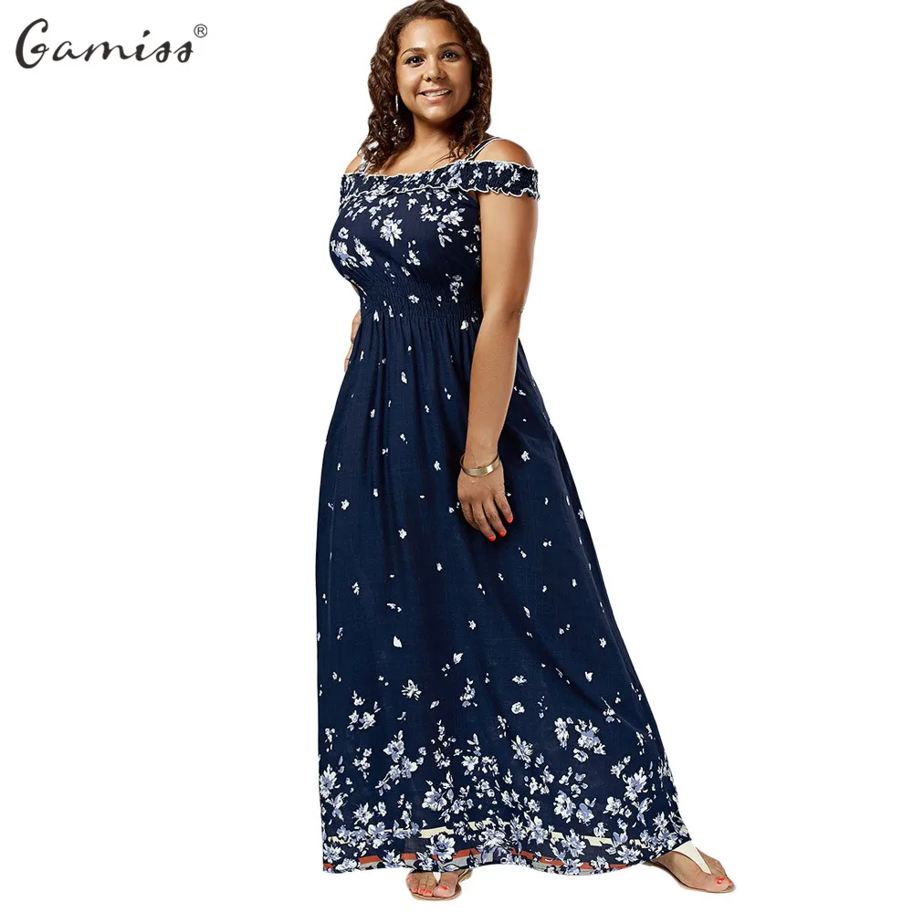 Gamiss Women Empire Waist Maxi Dresses Plus Size Floral Print Cold