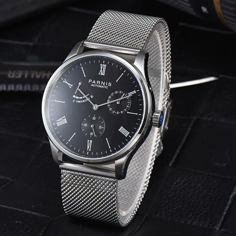 

New 42mm parnis Black Dial SS Case Roman Numerals Power Reserve Deployment Clasp ST Automatic Mechanical mens Wristwatches