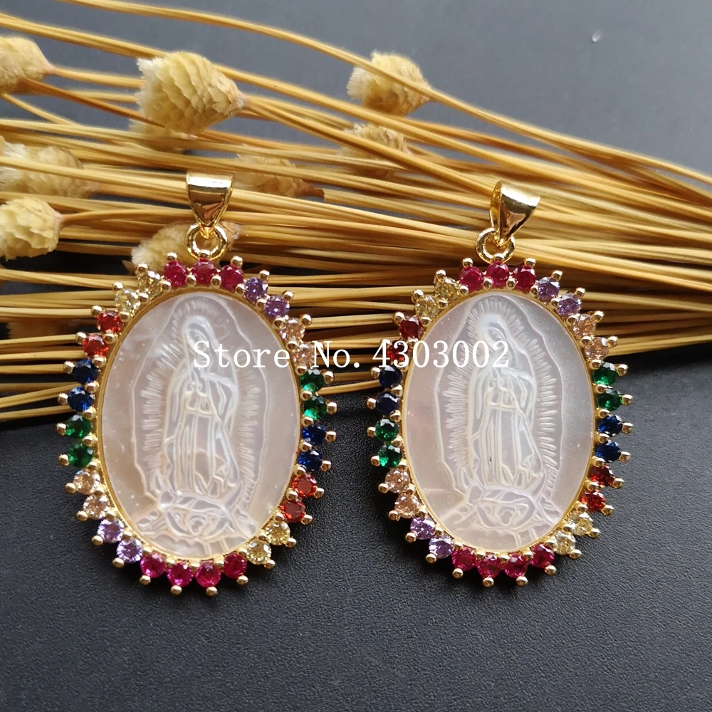 

50pcs/lot Natural Virgin of Guadalupe Mother of Pearl Shell Pendant AAA CZ Madonna Pearl Shell MOP Charms for Necklace