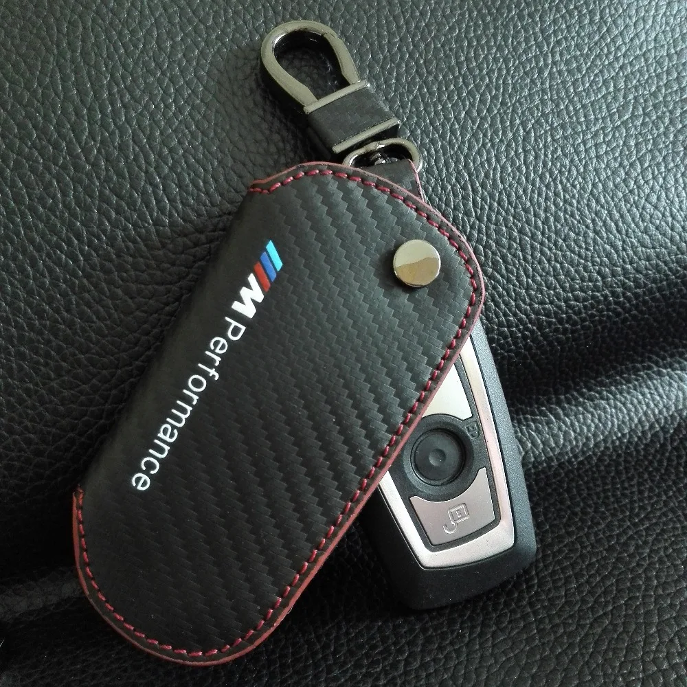 Carbon Fiber Leather Car Key Cover Case Holder Key Chain Wallet For Bmw