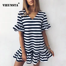 Пляжное летнее платье в полоску для женщин, сексуальное мини-платье с v-образным вырезом и расклешенными рукавами, модное платье с коротким рукавом и оборками Vestidos