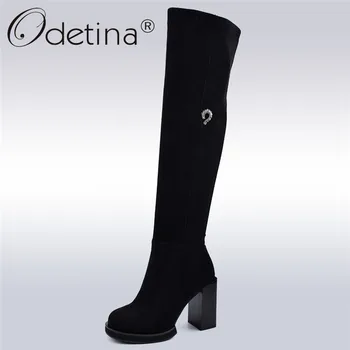 

Odetina Fashion Black Square High Heel Thigh High Boots Platform Women Warm Winter Boots Over The Knee Zipper Metal Decoration