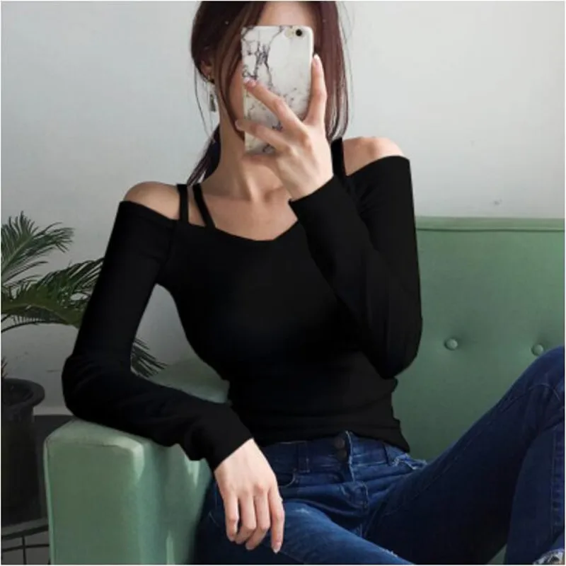

Casual Long-sleeved Black Tight T-shirt One-shoulder V-neck Off-shoulder Top Female 2019 New Leaky Clavicle Sexy Bottoming Shirt