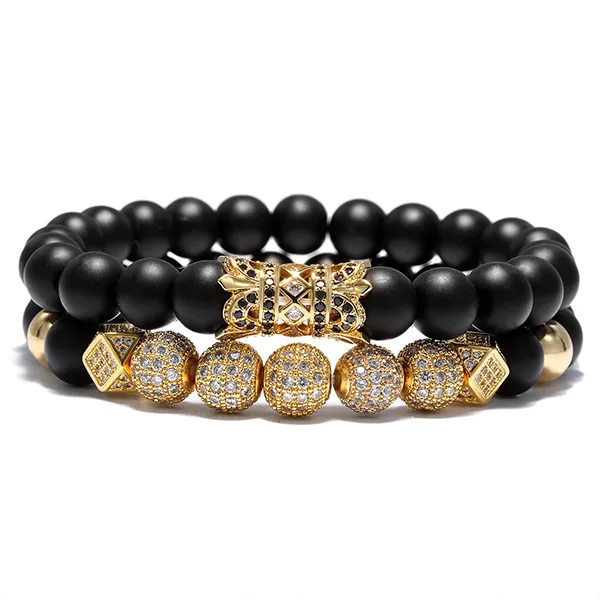 

2pcs/set inlay zircon charm bracelets 8mm black matte bracelet natural stone Gold Silver copper bead bracelet For Men Male Women
