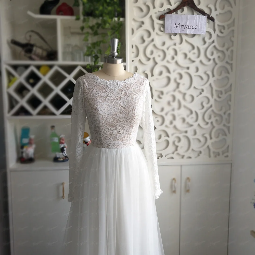 Mryarce Sretchy Lace Sleeves Wedding Dress Open Back Chiffon Tulle A Line Outdoor Garden Wedding Bridal Gowns  (4)