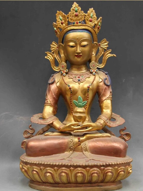

18" Chinese Bronze Copper Gild painted longevity Sakyamuni Amitayus Buddha Statue