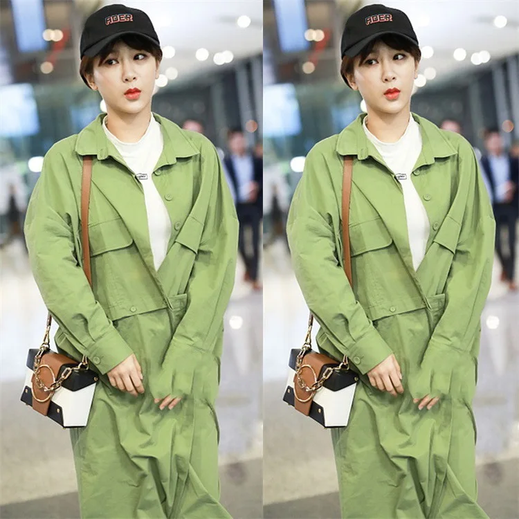 The Same Green Stitching Lapel Two Removable Long Medium Windbreaker Jackets BF Former Women College 2019 Long Coat Woman The Same Green Stitching Lapel Two Removable Long Medium Windbreaker Jackets BF Former Women College 2019 Long Coat Woman