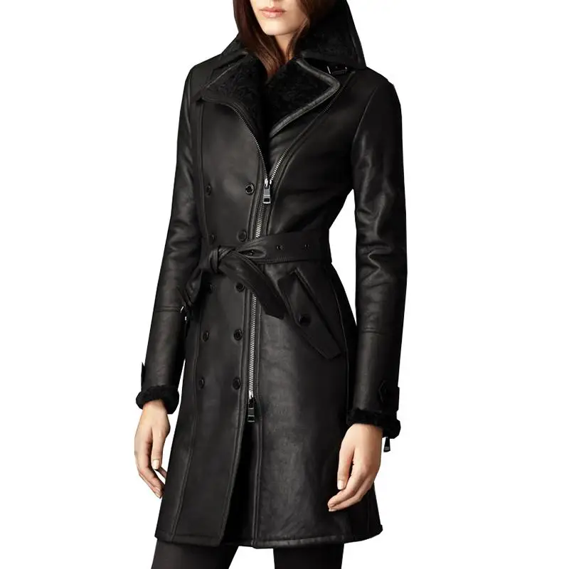 Зимняя женская куртка из овечьей кожи, шуба из натуральной кожи, черная двубортная Длинная женская теплая шерстяная Меховая куртка - Цвет: Черный