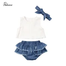 Новинка года; брендовая одежда для маленьких девочек; укороченный топ без рукавов; джинсовые штаны с оборками; шорты; юбка; повязка на голову; Модная одежда для малышей