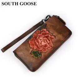 SOUTH GOOSE для женщин кожаный клатч-портмоне Женский Винтаж Длинные молнии удобная сумка цветочный тиснение ремень деньги кошелек телефона