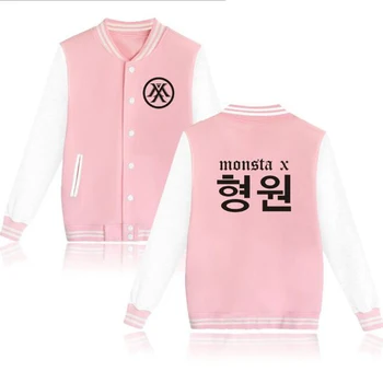 

KPOP MONSTA X Baseball Uniform Jacket Coat Women Men Harajuku Sweatshirts Winter Korean Fashion Hip Hop Pink Hoodie outerwear