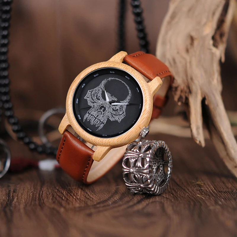 BOBO BIRD wholesale Bamboo Wooden Watches Mens Womens wood skull Quartz Watch In Gift Box