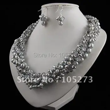 

Charming!pearl jewelry set 5rows AA 8-9mm gray color Genuine freshwater pearl & crystal necklace earring free shipping A2462a