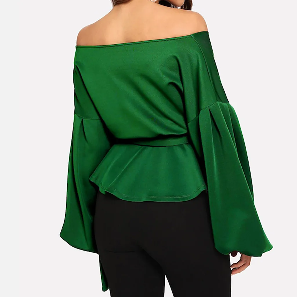 White Office Lady Tops And Blouses Elegant Lantern Sleeve Blouse Women Surplice Peplum Off The Shoulder Autumn Shirt d#