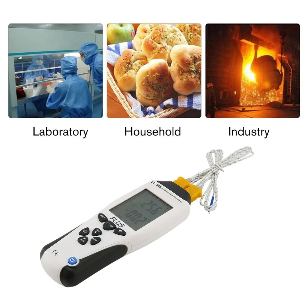 

FLUS ET-959 Digital Dual K-type J-type Thermocouple Thermometer Contact Temperature Meter LCD Handheld Tester Pyrometer